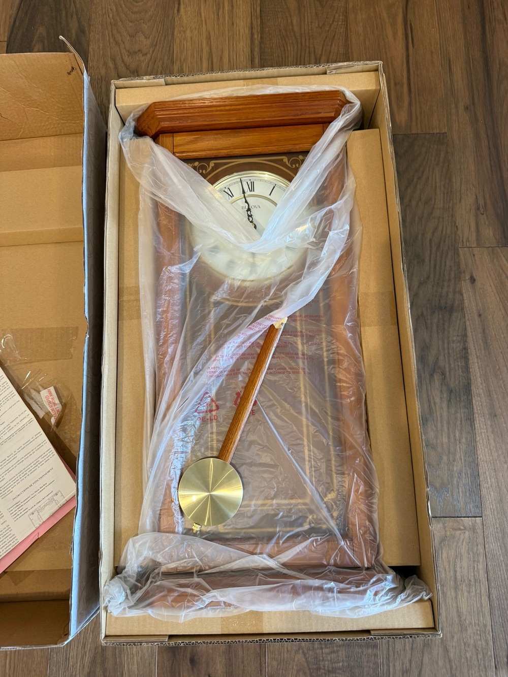 NIB Bulova Cirrus C3375 Chiming Wall Clock – Solid Oak Pendulum